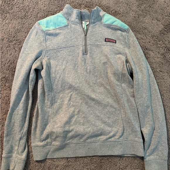 Vineyard Vines Gray and Teal Quarter-Zip Sweater